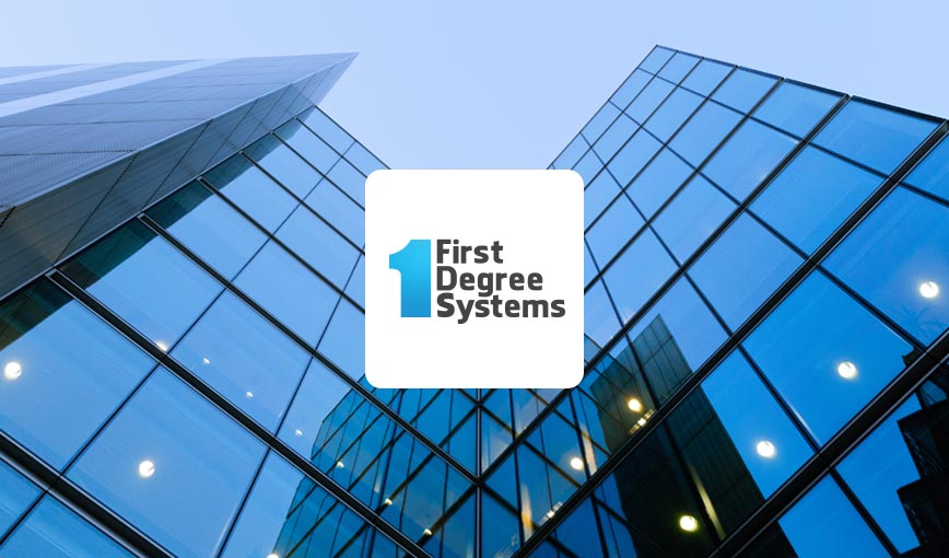 First Degree Systems logo displayed on the exterior of a modern building.