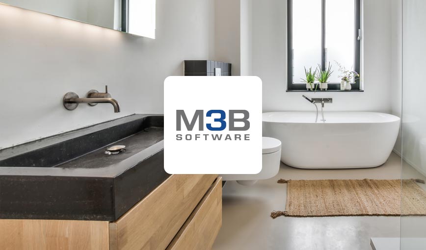 m3b logo on a digital screen with bathroom design.