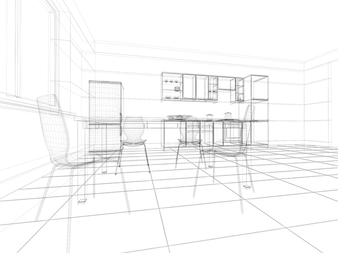 A wireframe 3D model of a kitchen and dining area, showcasing the spatial layout of furniture, cabinetry, and appliances. The image highlights the planning and design phase of a kitchen interior.