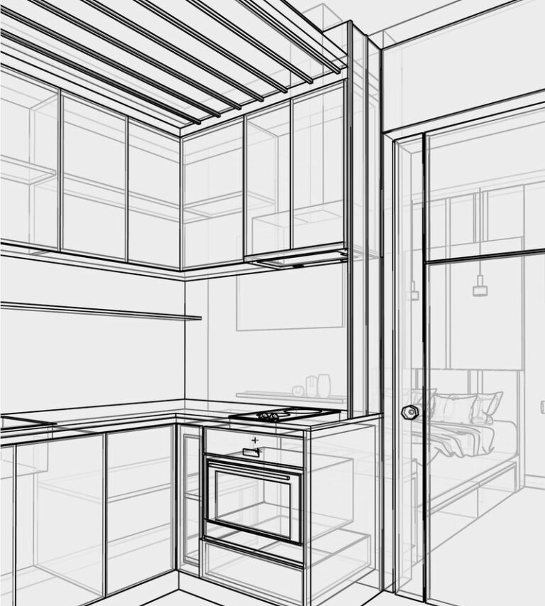 A sketch of a kitchen with a stove and sink