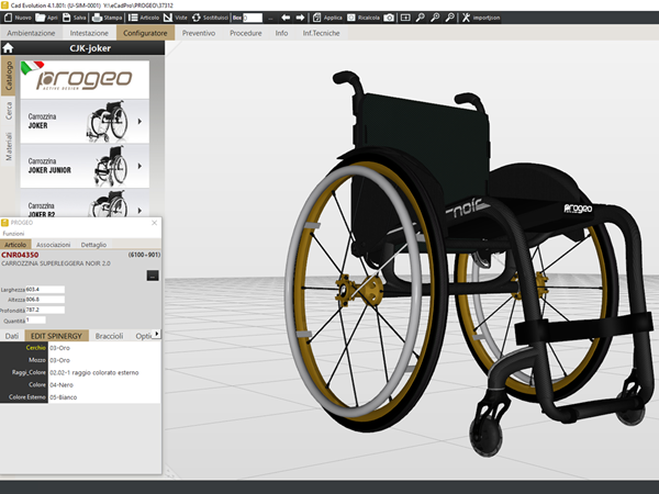 The Progeo software interface featuring a 3D wheelchair configurator.