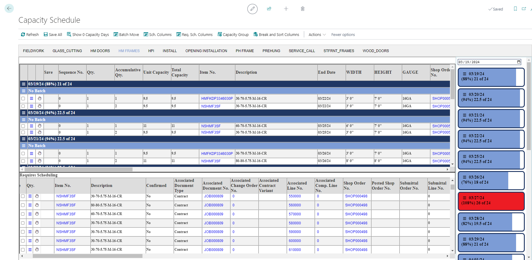 A screenshot of the Capacity Schedule interface in contractERP. The interface displays scheduling details for various tasks, including dates, sequence numbers, accumulative quantity, and unit capacity. The top menu offers options to refresh, save, batch move, and manage schedule columns.