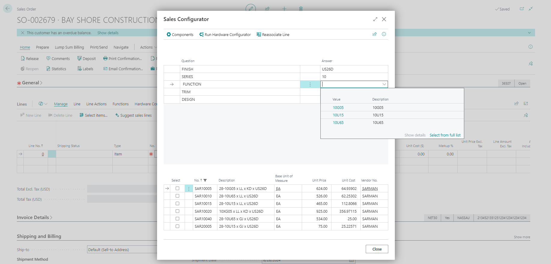 Screenshot of the Product Configurator module in ContractERP, displaying a detailed configurator for selecting product specifications like finish, series, function, trim, and design with associated pricing.