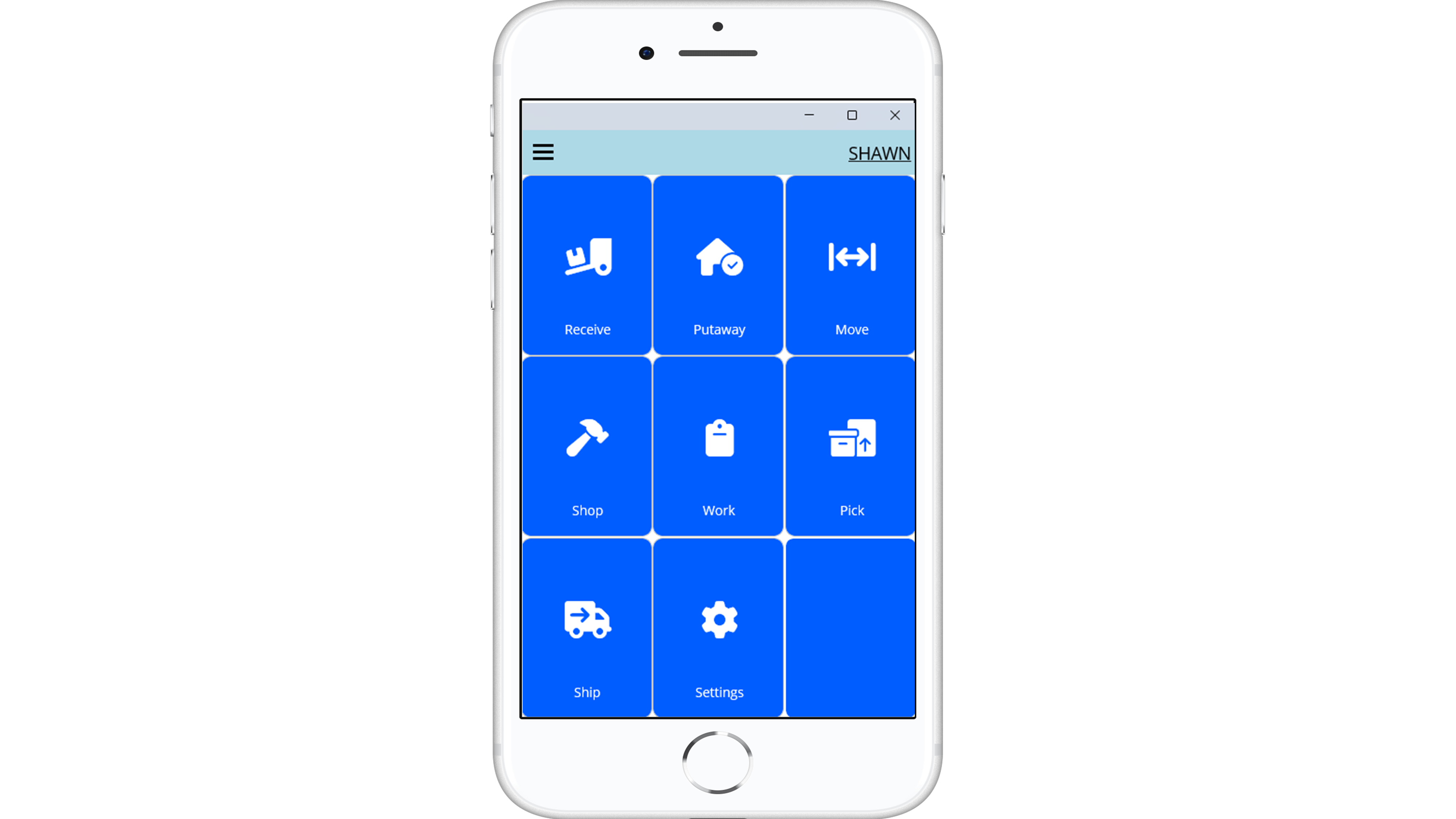 Screenshot of the ContractERP Warehouse Management module's main interface. The screen shows large blue tiles with icons and labels for various functions such as Receive, Putaway, Move, Shop, Work, Pick, Ship, and Settings.