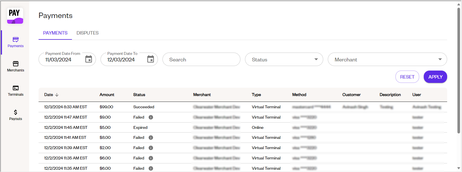 Screenshot of the Payments Report in Cyncly Payments, displaying a list of transactions with columns for date, amount, status, merchant, type, and method. Filters at the top allow users to specify payment date range, status, and merchant.