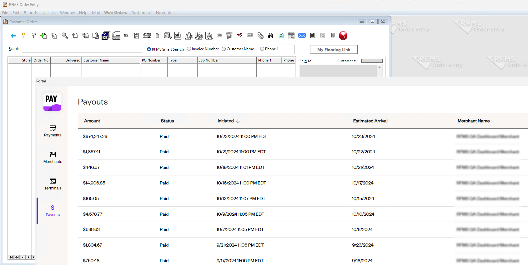 Displays a list of payments with details like date, amount, status, merchant, and type, along with filter options for payment status and date range.