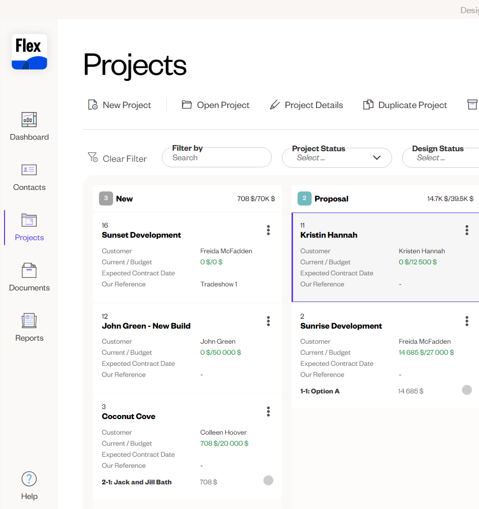 A screenshot of the "Projects" dashboard in Design Flex. It displays multiple projects with status labels such as New, Proposal, and Negotiation. Each project card shows details like customer name, budget, and contract dates.