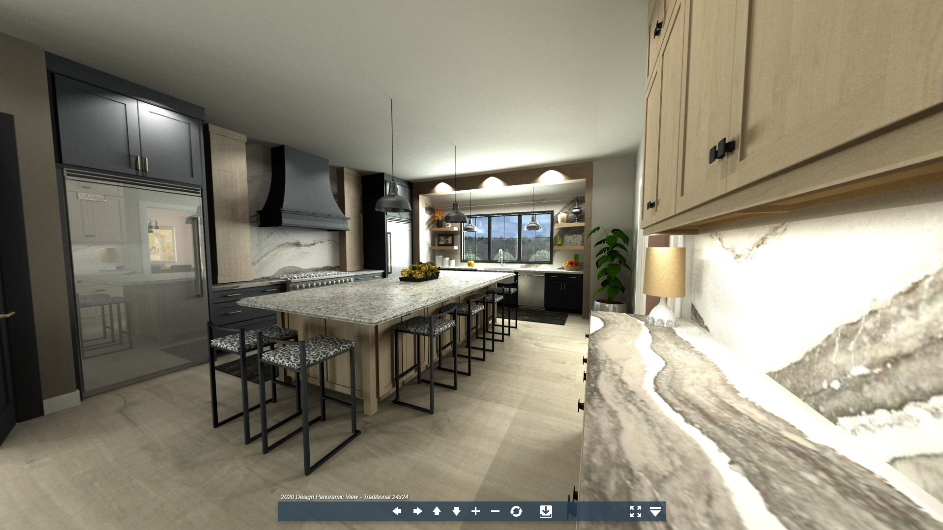 360-degree visualization view from Design Live Inspiration module, featuring an immersive, interactive kitchen design with panoramic navigation controls.