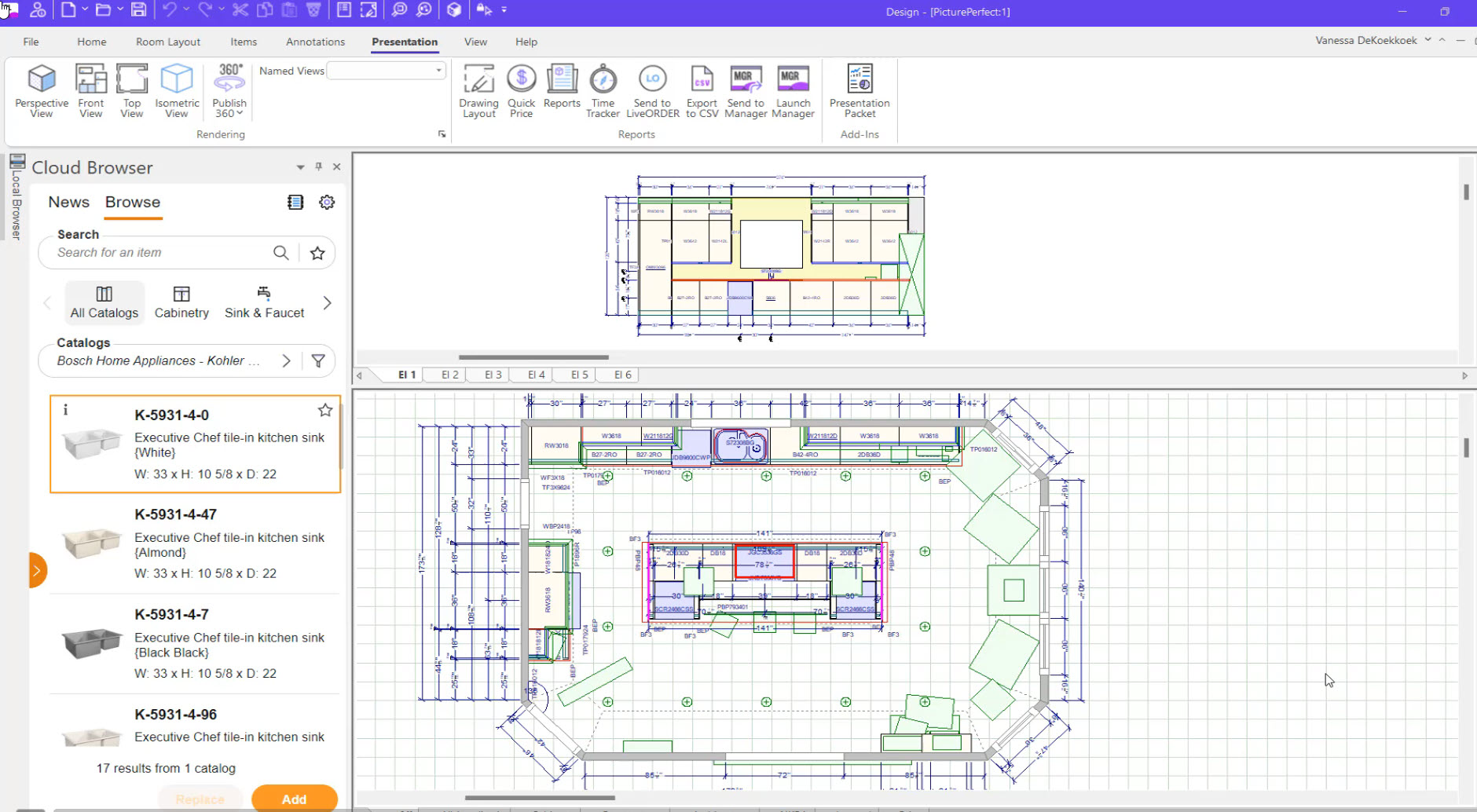 Screenshot from Design Live software showing a kitchen layout in a technical documentation view with top-down floor plan and elevations. The Cloud Browser panel on the left displays cabinetry and sink options from various catalogs, allowing users to select and add items to the design.