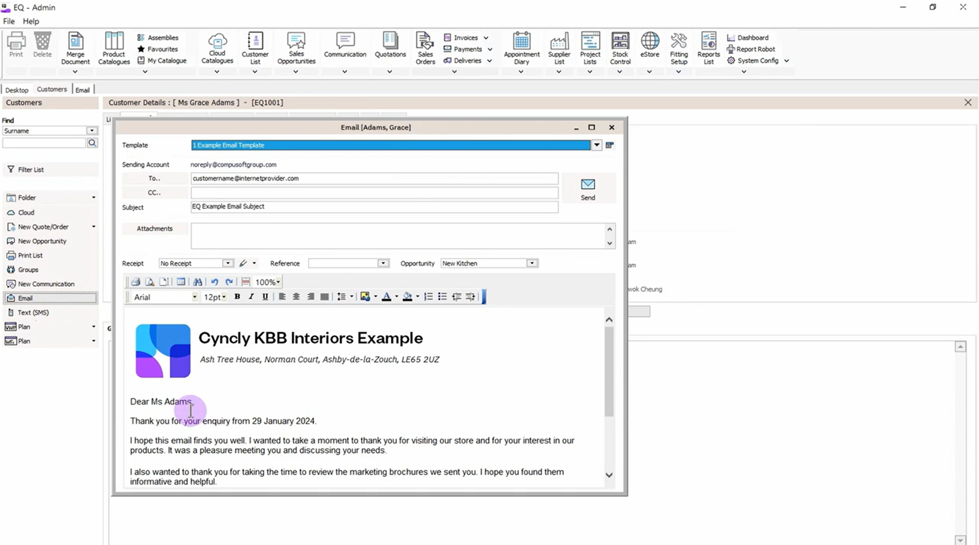 Screenshot of EQ Flex's customer management module, listing customer names, contact details, account codes, and sales statuses for streamlined customer relationship management.