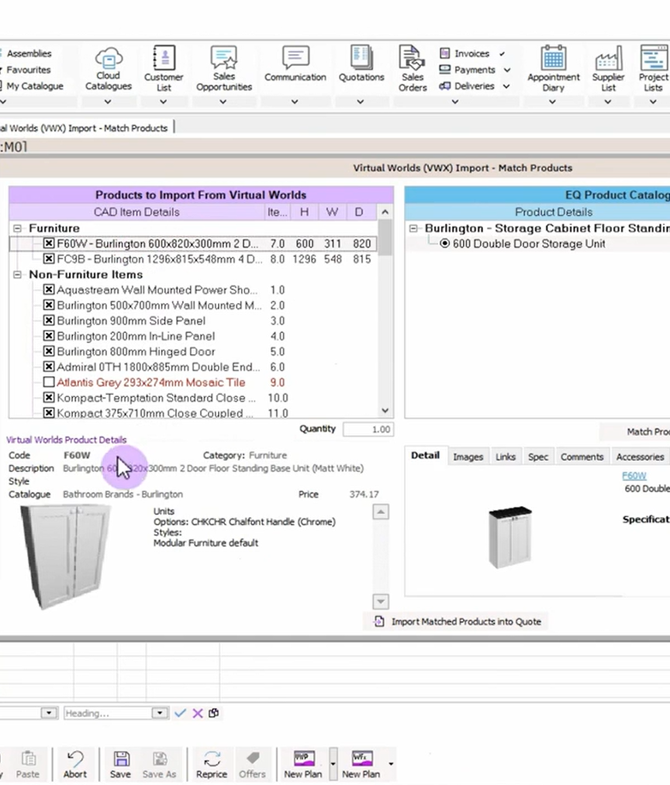 Screenshot of EQ Flex's product catalogue management screen, displaying an advanced product search with filters and product details for inventory and catalogue organization.