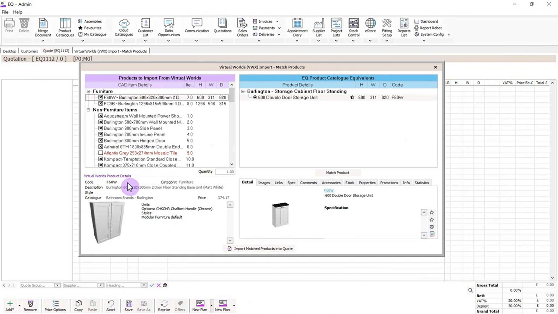 Screenshot of EQ Flex's quote generation from design interface, illustrating the import of products from virtual designs into a quote for accurate pricing and order processing.