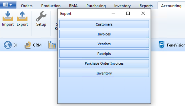 Screenshot of FeneVision's export options screen, displaying buttons to export data for customers, invoices, vendors, receipts, purchase order invoices, and inventory.