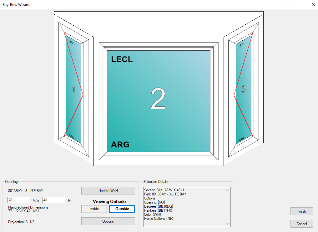 Screenshot of the Bay-Bow Wizard in FeneVision CORE, showing a bay window configuration with three panes labeled 1, 2, and 3, and options to adjust width, height, projection, and additional specifications.