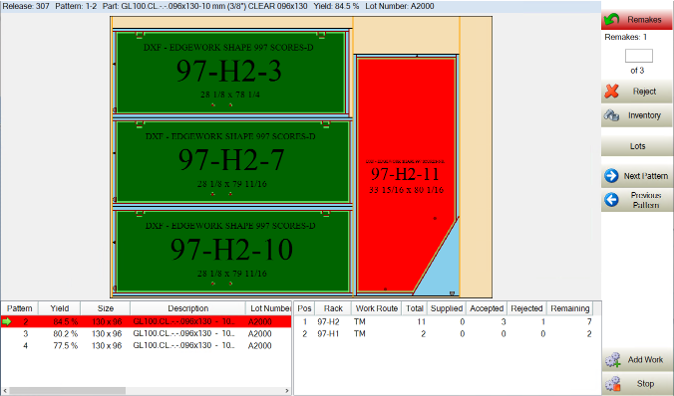 Screenshot of FeneVision's optimization interface, showing a cutting pattern for glass sheets, with detailed layout for optimizing yield and managing remakes, inventory, and work routes.