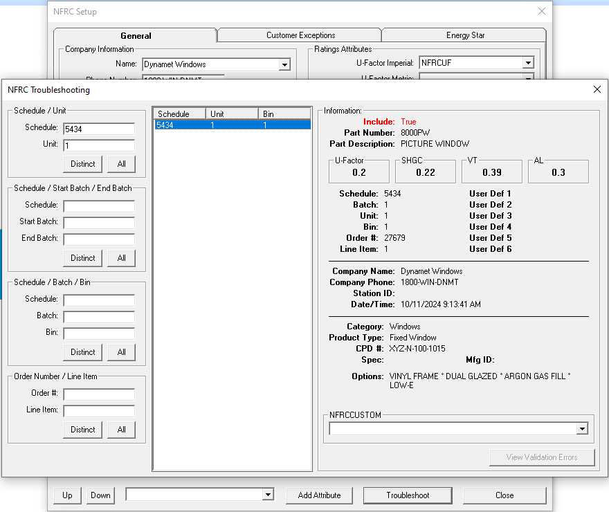 Screenshot of the NFRC Troubleshooting interface showing details about a Picture Window part, including its U-Factor, SHGC, VT, and AL values. The screen lists schedule, batch, unit, and bin information along with company and order details for the part. The bottom portion includes options to add attributes and troubleshoot.