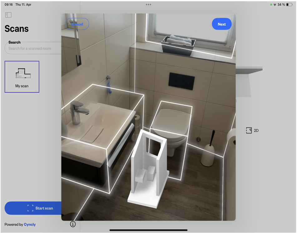 AI-powered room scanner interface in Innoplus capturing a bathroom layout with highlighted sections for a sink, toilet, and vanity in a 3D model.