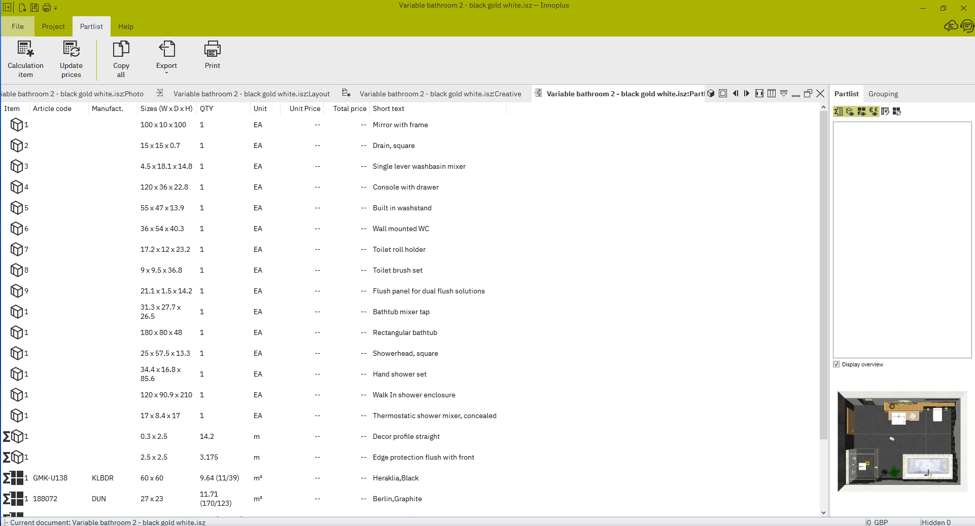 Part list view in Innoplus showing detailed specifications of bathroom components, such as dimensions, item quantities, and associated manufacturers.