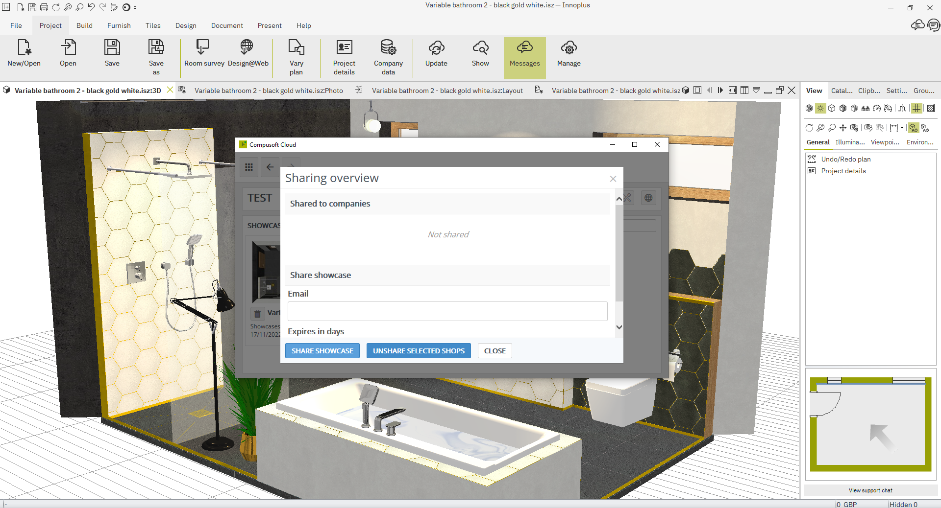 Project collaboration screen in Innoplus, featuring a bathroom design render with options for sharing the project with stakeholders via email or other means.