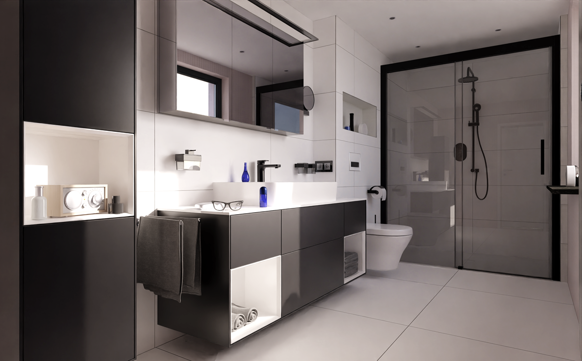 Detailed bathroom design render featuring natural sunlight illuminating a modern vanity and wash basin area, with neatly arranged towels and accessories.