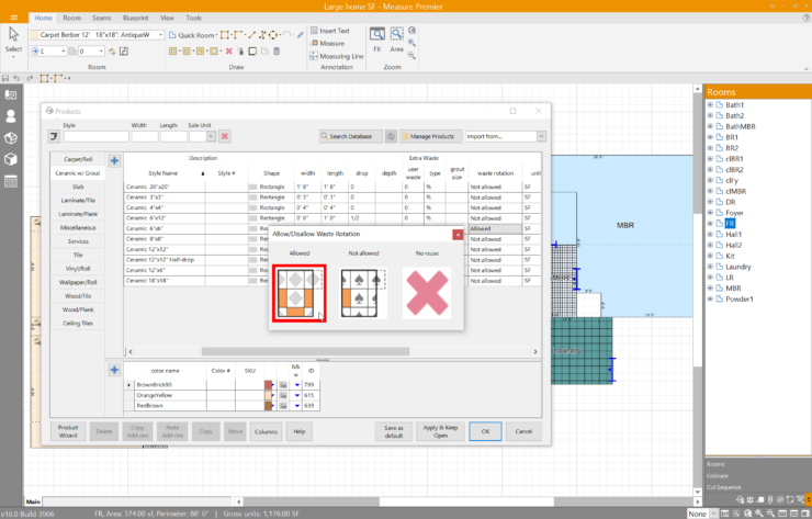 On this screen, users can define and assign materials to the project, such as selecting floor coverings and assigning them to specific rooms. This includes setting preferences like waste percentages, rotation of materials, and design parameters for each product.