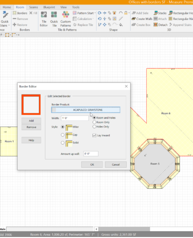 Here, users can input additional project details such as border patterns and other specific design elements. The border editor enables users to define styles, widths, and product choices for borders, adding further customization to the project.