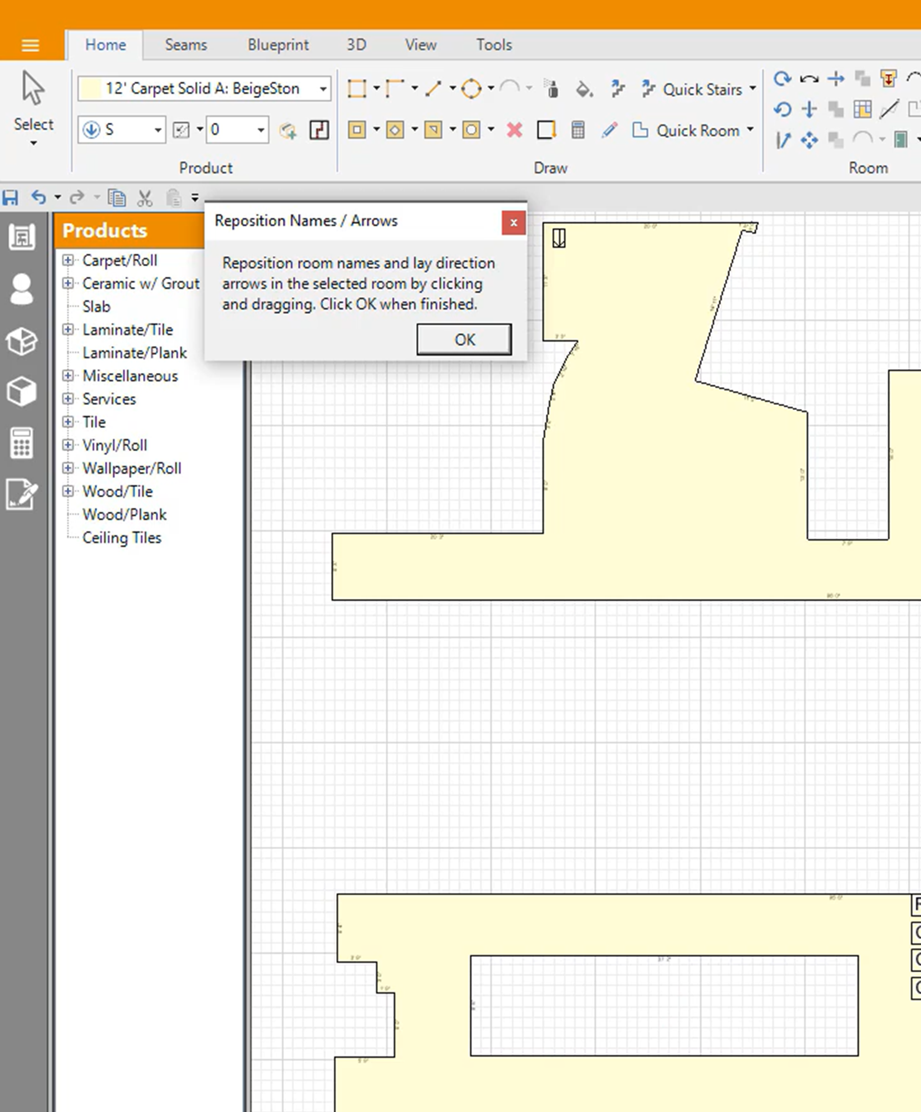 Screenshot of the RFMS Measure software in the Flooring product suite, displaying a room layout on a grid. The screen includes a pop-up message titled 'Reposition Names / Arrows,' instructing users to reposition room names and lay direction arrows within the selected room. A list of available flooring products such as Carpet, Ceramic, Laminate, Vinyl, and Wood is shown on the left-hand side.