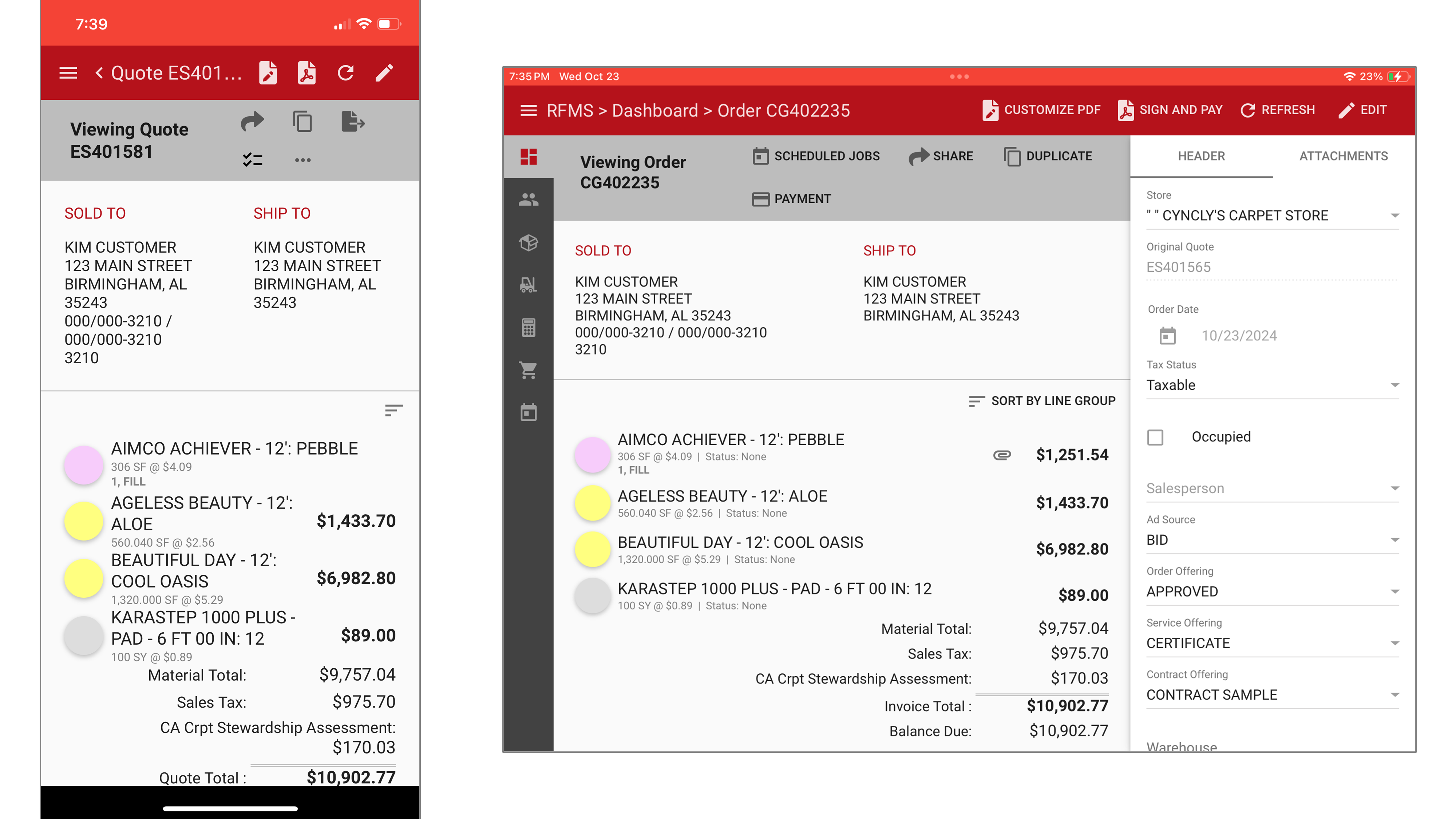 Screenshot showing an order quote view in the RFMS mobile app, with detailed product information, quantities, and pricing breakdown for a customer order.