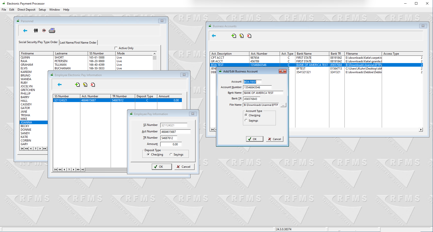 RFMS Direct Deposit module displaying employee banking information for electronic payment processing, showing a list of employees and their corresponding account details for direct deposit setup.