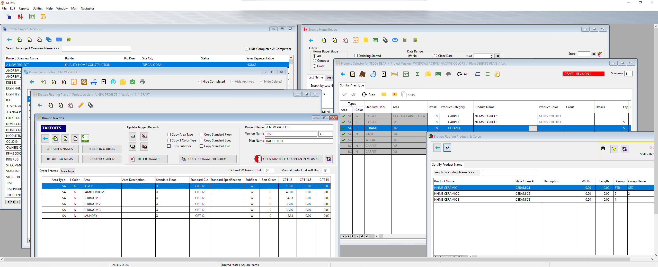 RFMS NHMS (New Home Management System) module displaying project overview details for home construction projects, with a focus on managing takeoffs, flooring plans, and area types for different rooms.