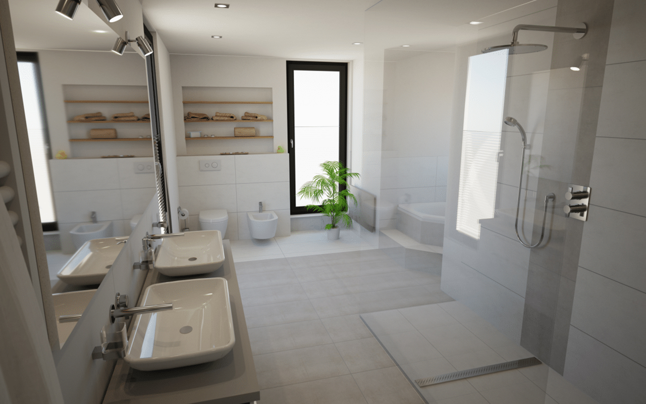 Bright and minimalistic bathroom with double sinks, large mirrors, and a walk-in shower designed with SimpliPlan.