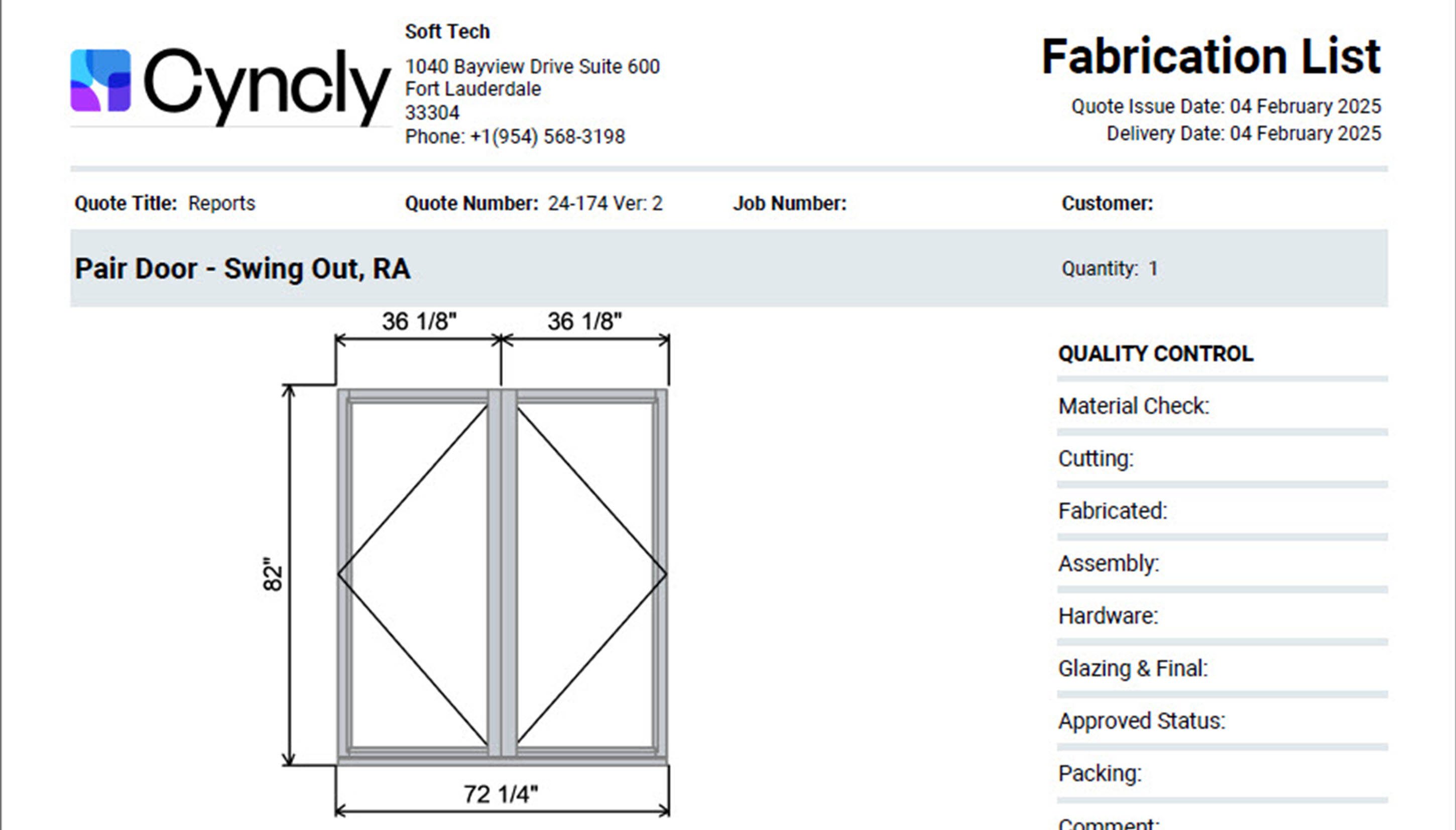 A fabrication list report for a pair of swing-out doors, including technical drawings, material specifications, and extrusion details.