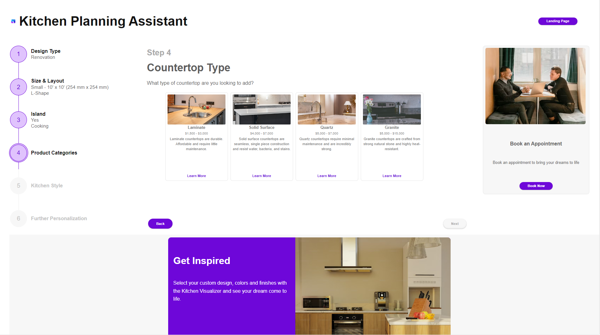 A step in the Spaces Flex Kitchen Planning Assistant. The user is selecting a countertop type, with options such as laminate, solid surface, quartz, and granite displayed. The right side shows an option to book an appointment with a kitchen expert.