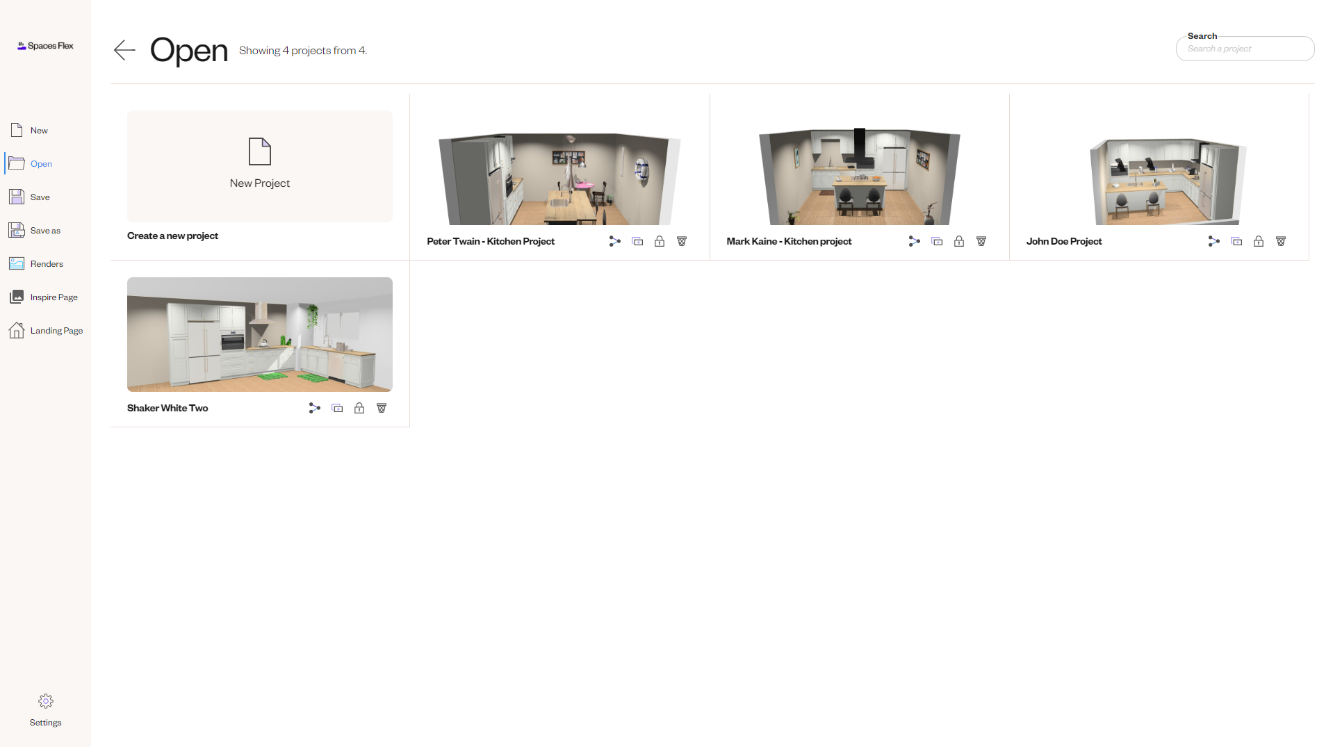 A project overview page in Spaces Flex showing four kitchen design projects. Each project thumbnail displays a rendered kitchen with options to share, edit, or delete the project. A new project creation option is also visible.