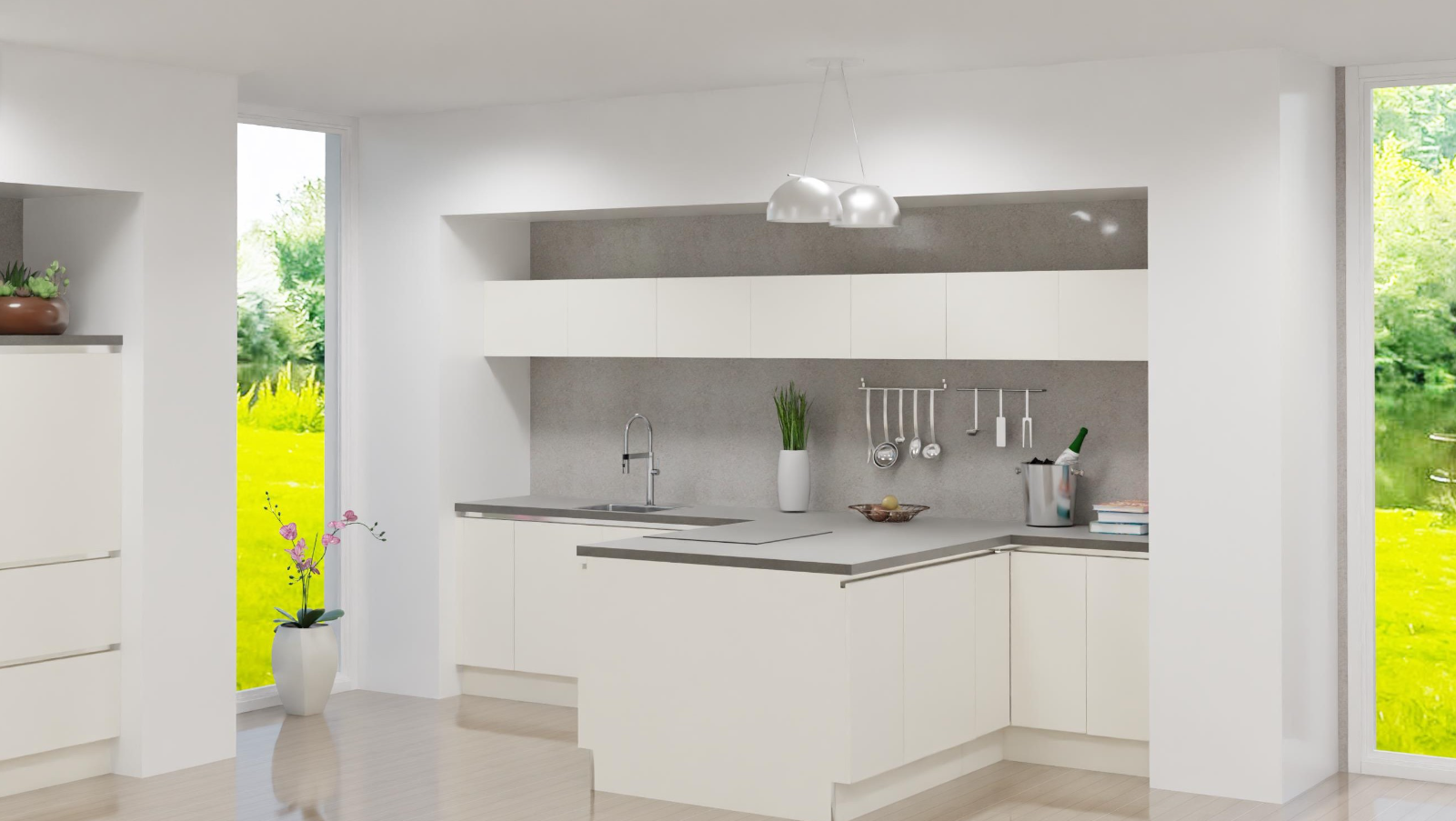 A rendered preview of a modern kitchen layout with light-colored cabinetry, an island countertop, and large windows with a green outdoor view.