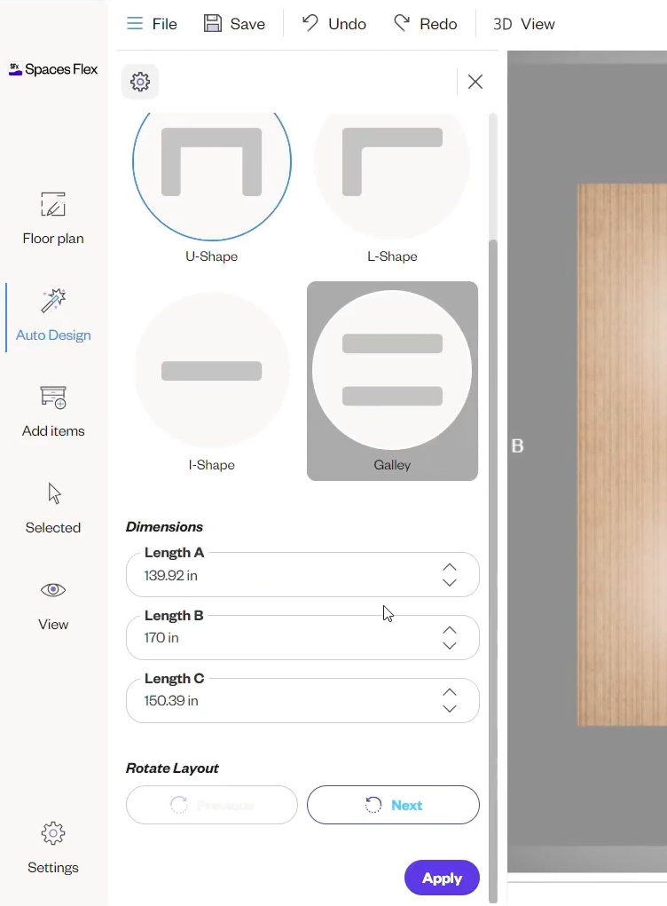 A design tool interface in the Spaces Flex software showcasing layout options for a room configuration. The left panel displays layout types, including U-shape, L-shape, I-shape, and Galley, with the U-shape selected. Below, dimension inputs for Length A, Length B, and Length C are provided, with measurements displayed in inches. Users can rotate the layout or apply changes with the options at the bottom. The right section of the interface provides a preview of the selected design with partial visibility of a wooden surface.