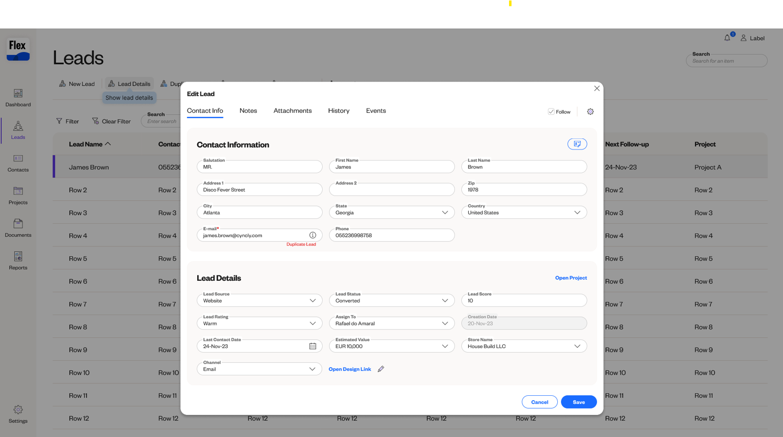 Lead management interface in the Flex platform, displaying editable fields for contact information and lead details.