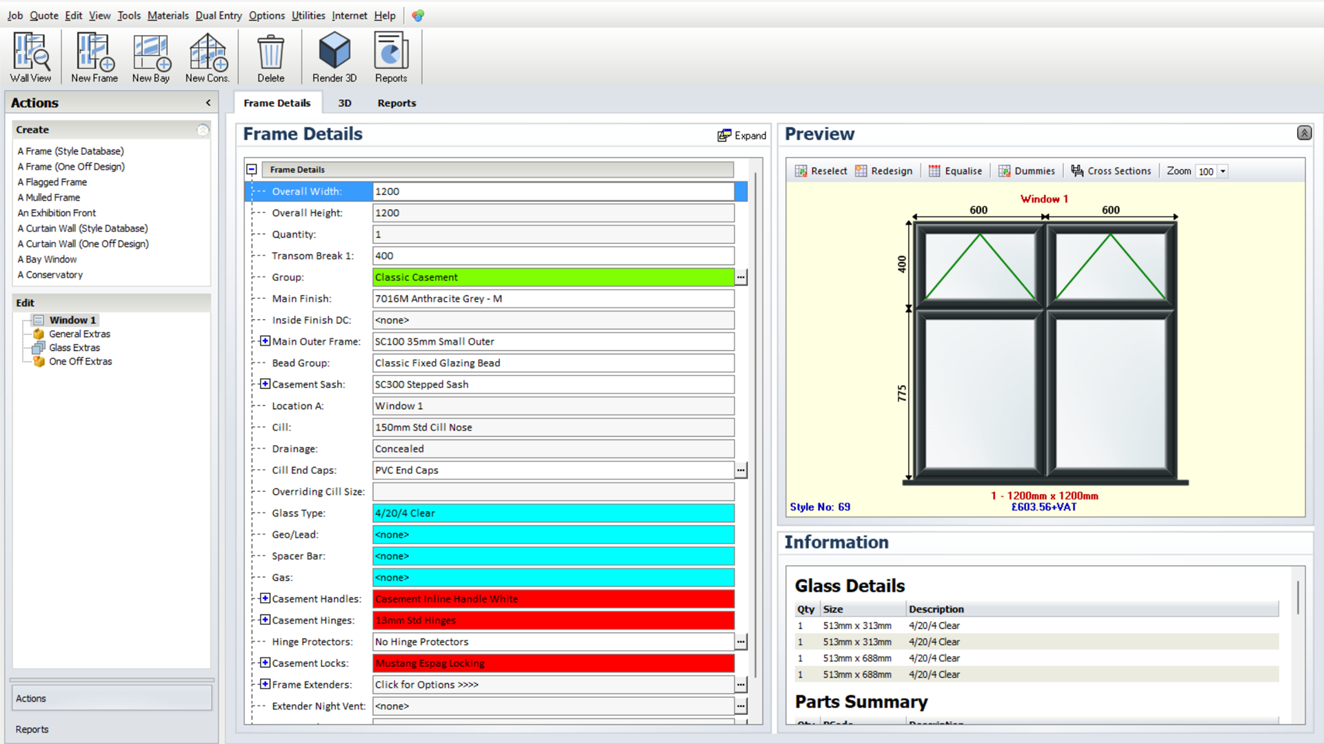 A screenshot of the Product Configurator capability in the Window Designer software. It shows frame details for a window with specifications like overall width, height, quantity, and various attributes like group, finish, and glass type. The right panel displays a preview of the window design with dimensions and layout.