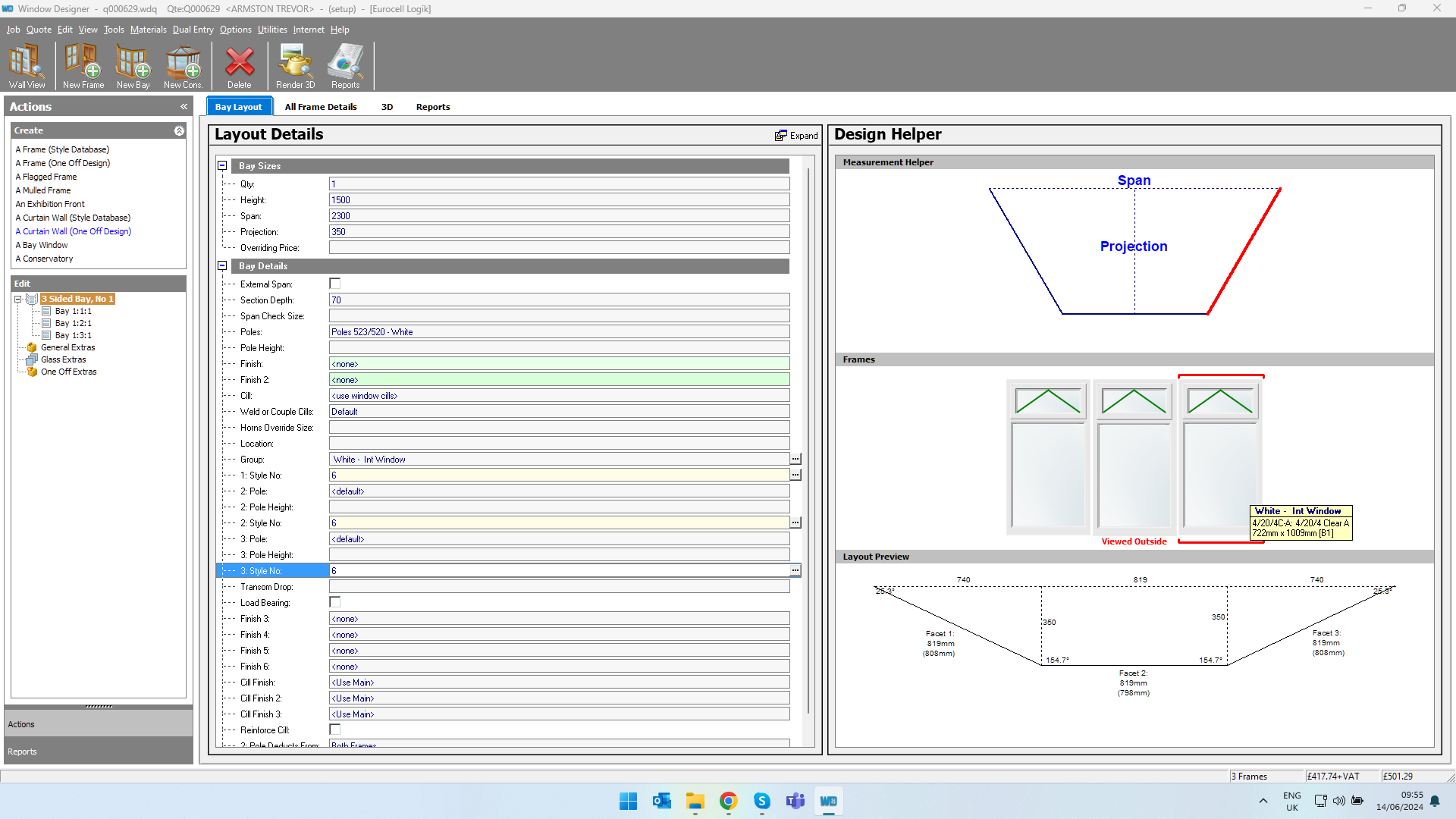 screenshot of the Bay/Bow module in the Window Designer software. It shows layout details for a three-sided bay window with attributes like bay sizes, span, projection, and various finish options. The right panel displays a design helper with a layout preview and measurement details.