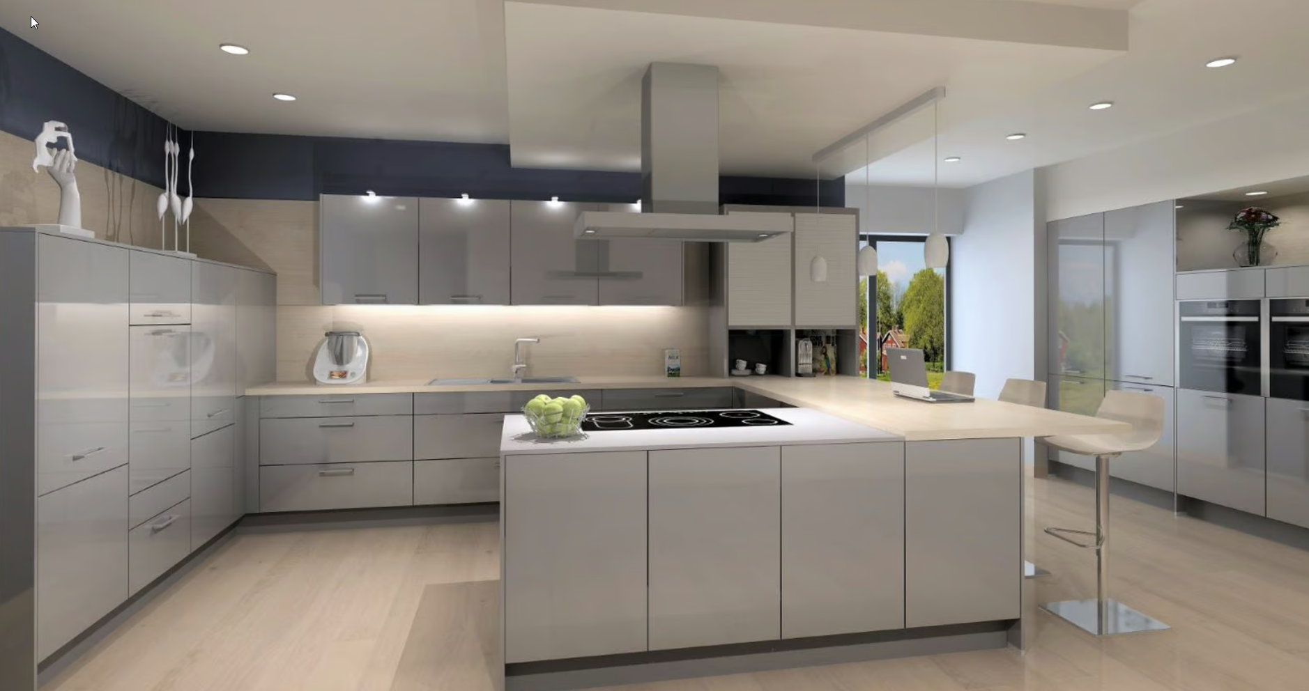 A modern kitchen design rendered in Winner Flex software, featuring sleek gray cabinets, an island with an induction cooktop and fruit bowl, and bar stools. The space is well-lit with recessed lighting and pendant lights, and large windows showcase a green outdoor view.