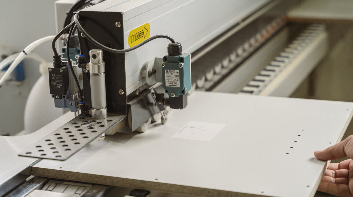 A person operates a machine to cut a sheet of paper